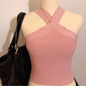 Stylish Pink Ribbed Cross-Back Crop Top